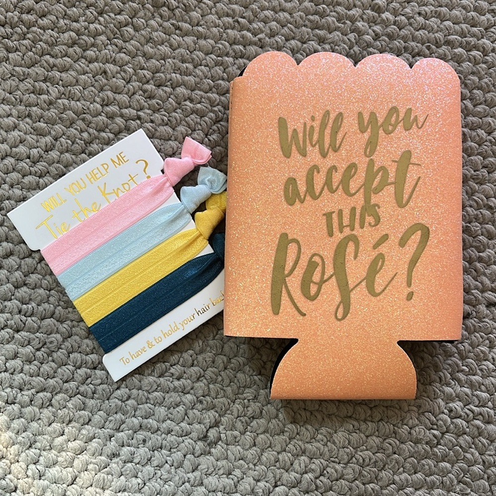 Bridesmaid Wine koozie and Hair Ties!